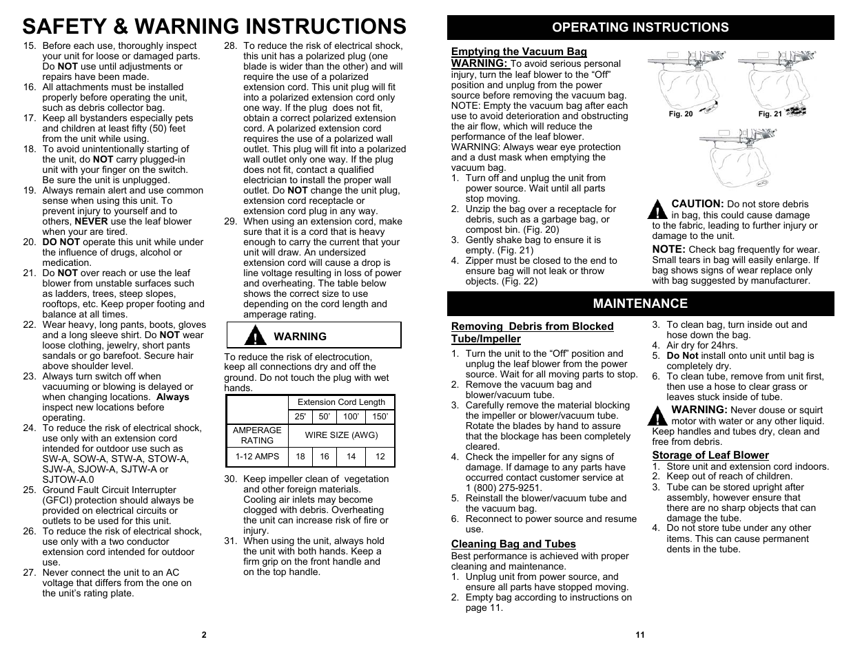 Safety & warning instructions, Operating instructions, Maintenance | Fantom Vacuum PT205H User Manual | Page 4 / 8