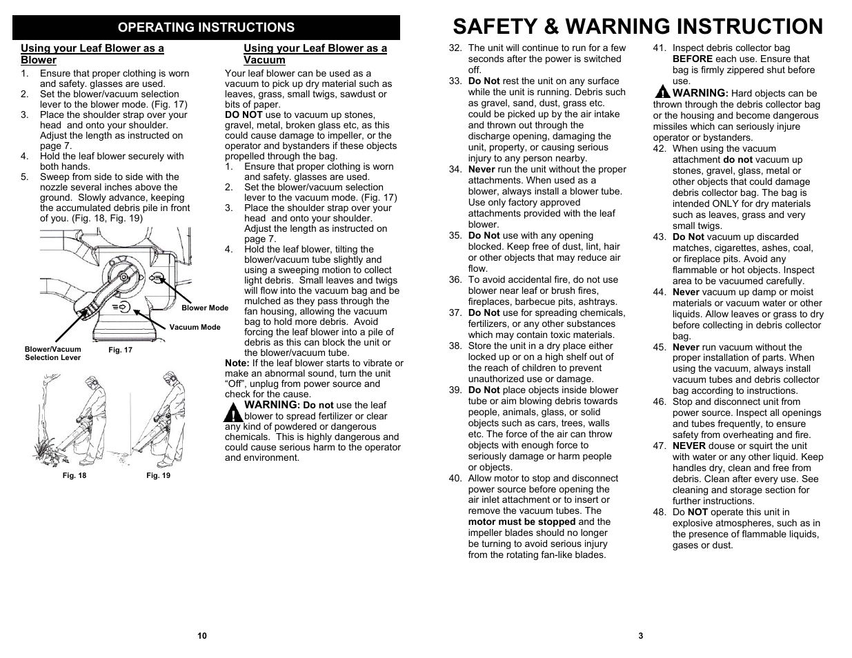 Safety & warning instruction, Operating instructions | Fantom Vacuum PT205H User Manual | Page 5 / 8
