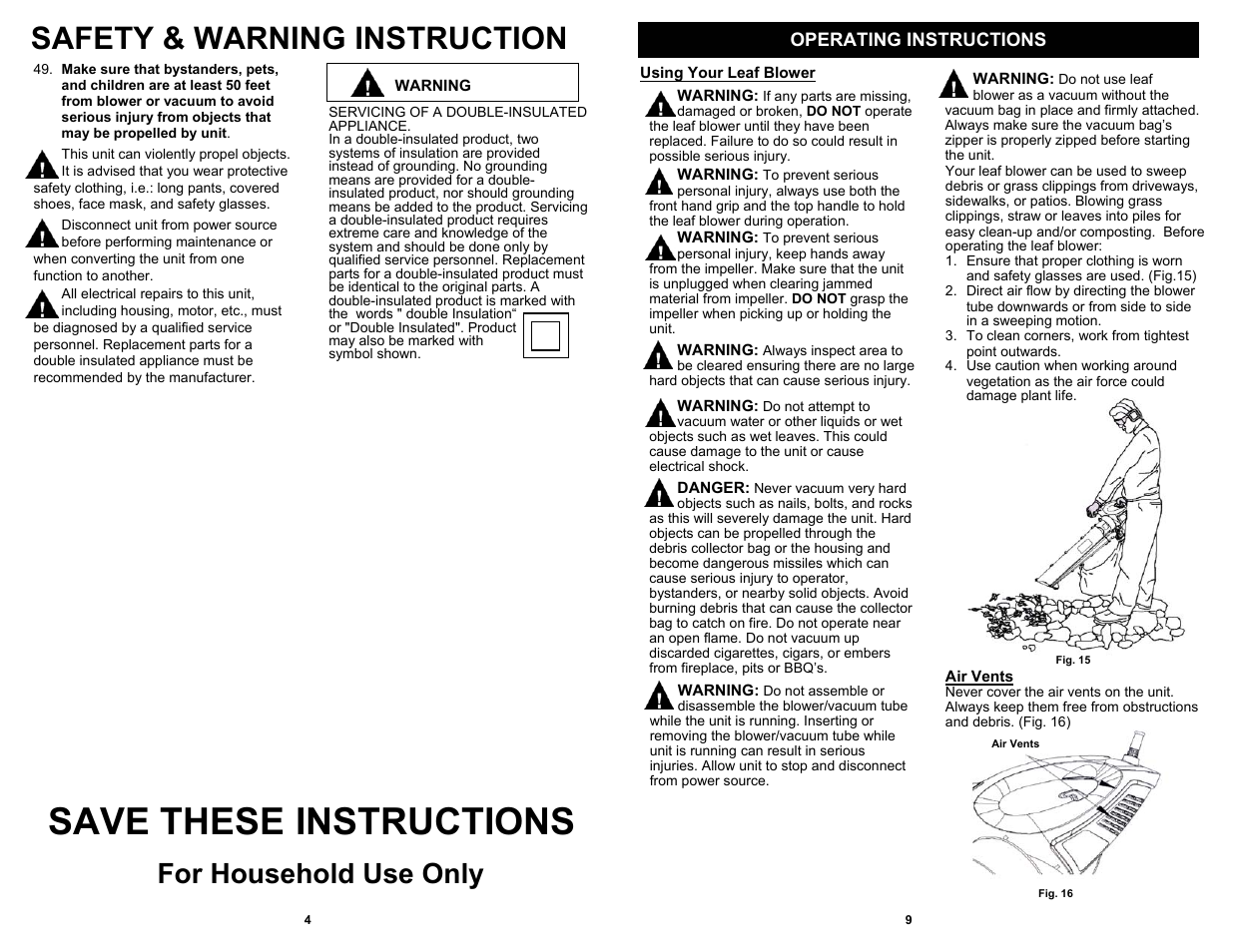 Save these instructions, Safety & warning instruction, For household use only | Operating instructions | Fantom Vacuum PT205H User Manual | Page 6 / 8