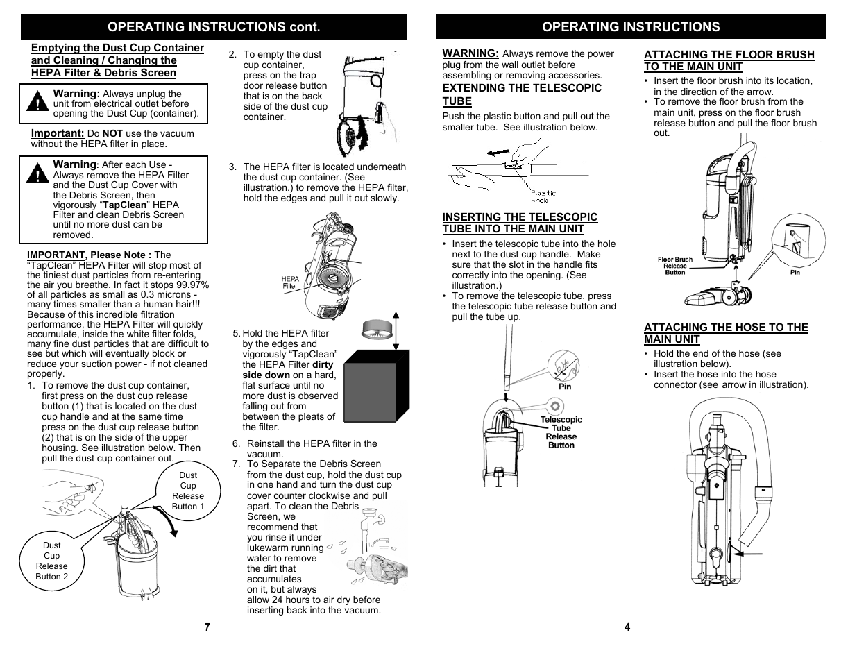 Operating instructions operating instructions cont | Fantom Vacuum TRANSFORMER VAC FM604 User Manual | Page 5 / 6