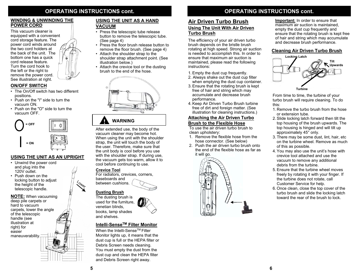 Operating instructions cont, Air driven turbo brush | Fantom Vacuum TRANSFORMER VAC FM604 User Manual | Page 6 / 6