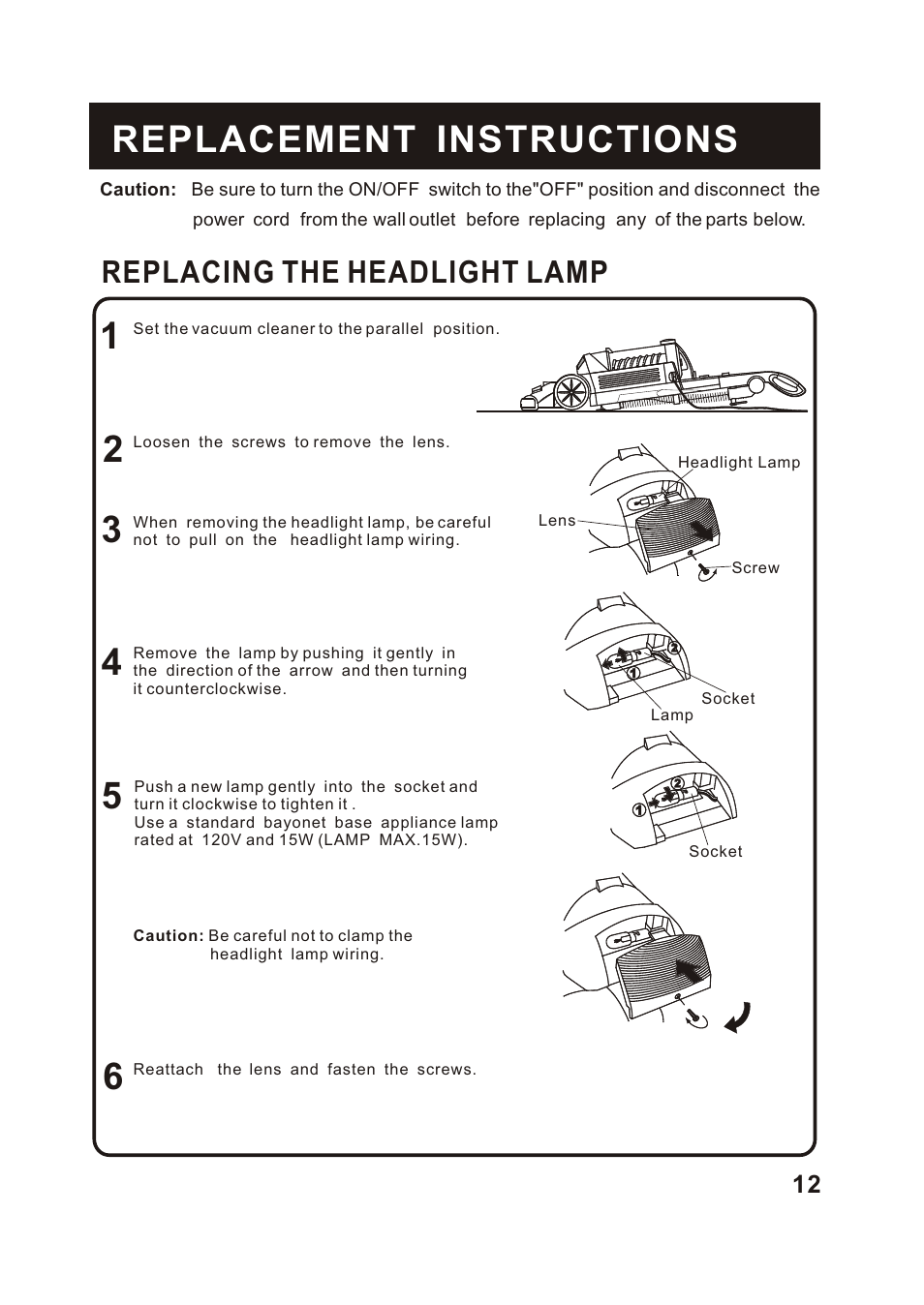 Т³гж 13, Replacement instructions, Replacing the headlight lamp | Fantom Vacuum FANTOM FM760K User Manual | Page 14 / 19