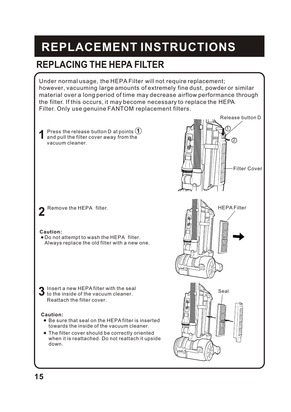 Т³гж 16, Replacement instructions, Replacing the hepa filter | Fantom Vacuum FANTOM FM760K User Manual | Page 17 / 19