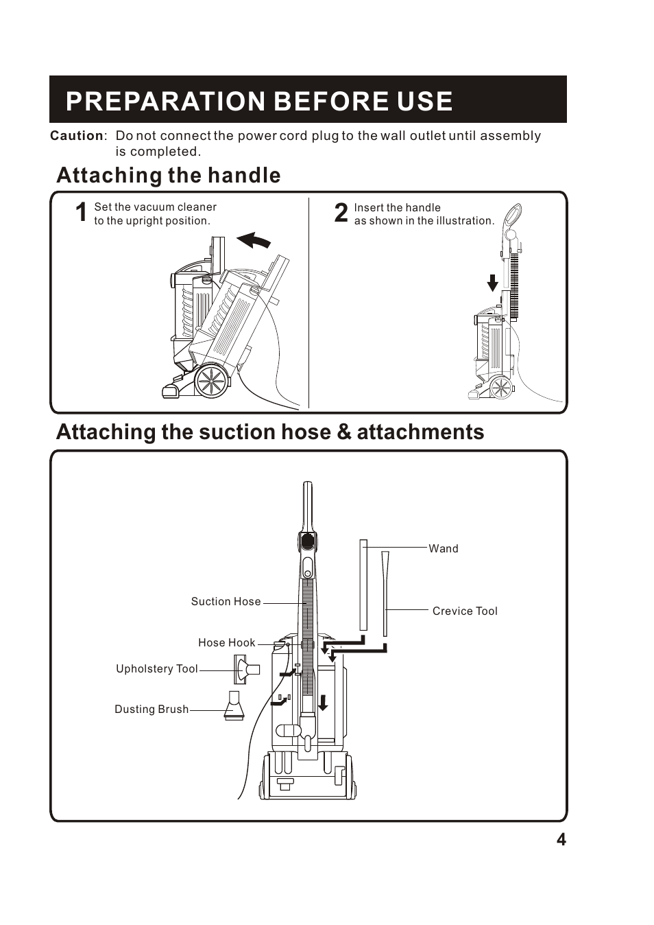 Т³гж 5, Preparation before use, Attaching the handle | Attaching the suction hose & attachments | Fantom Vacuum FANTOM FM760K User Manual | Page 6 / 19