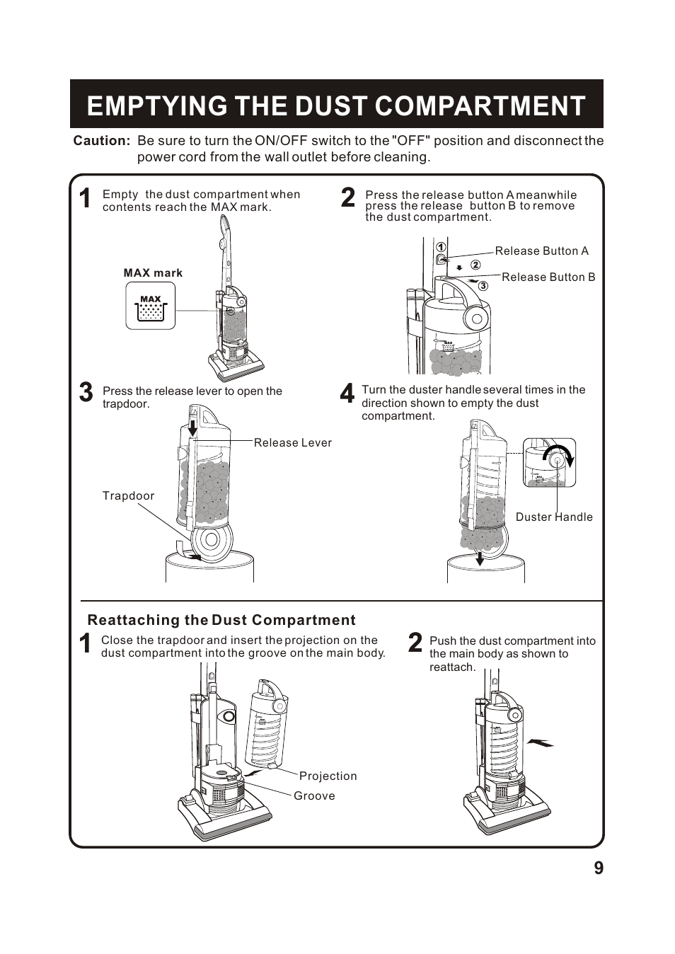 Т³гж 10, Emptying the dust compartment | Fantom Vacuum FM741HV User Manual | Page 11 / 19