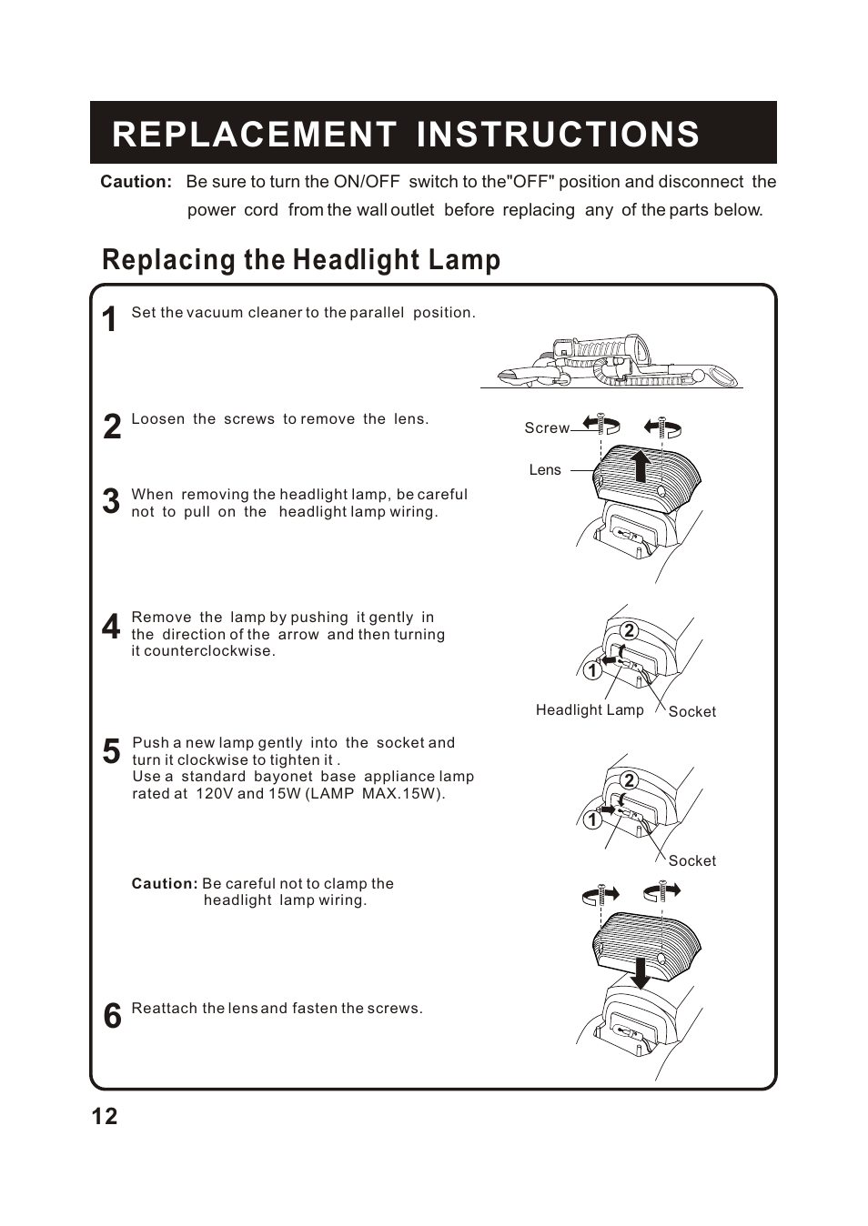Т³гж 13, Replacement instructions, Replacing the headlight lamp | Fantom Vacuum FM741HV User Manual | Page 14 / 19
