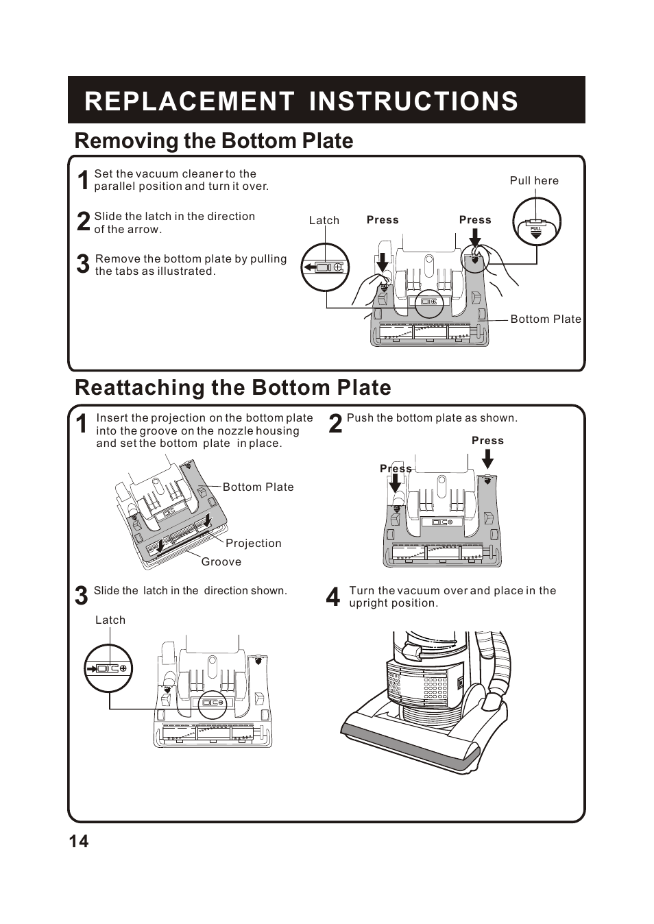 Т³гж 15, Removing the bottom plate, Reattaching the bottom plate | Fantom Vacuum FM741HV User Manual | Page 16 / 19