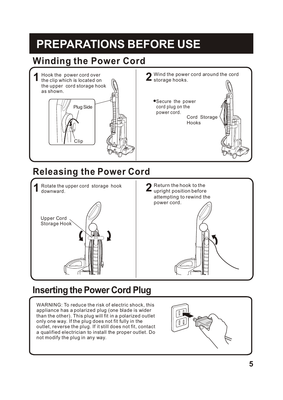 Т³гж 6, Preparations before use, Releasing the power cord | Winding the power cord, Inserting the power cord plug | Fantom Vacuum FM741HV User Manual | Page 7 / 19