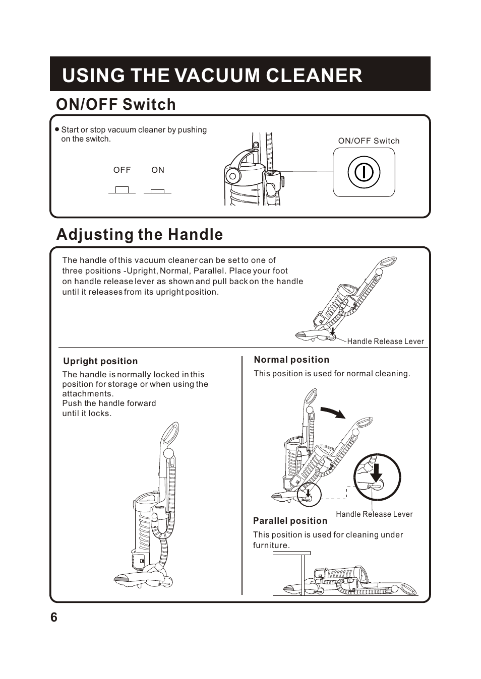 Т³гж 7, Using the vacuum cleaner, On/off s witch | Adjusting the handle | Fantom Vacuum FM741HV User Manual | Page 8 / 19