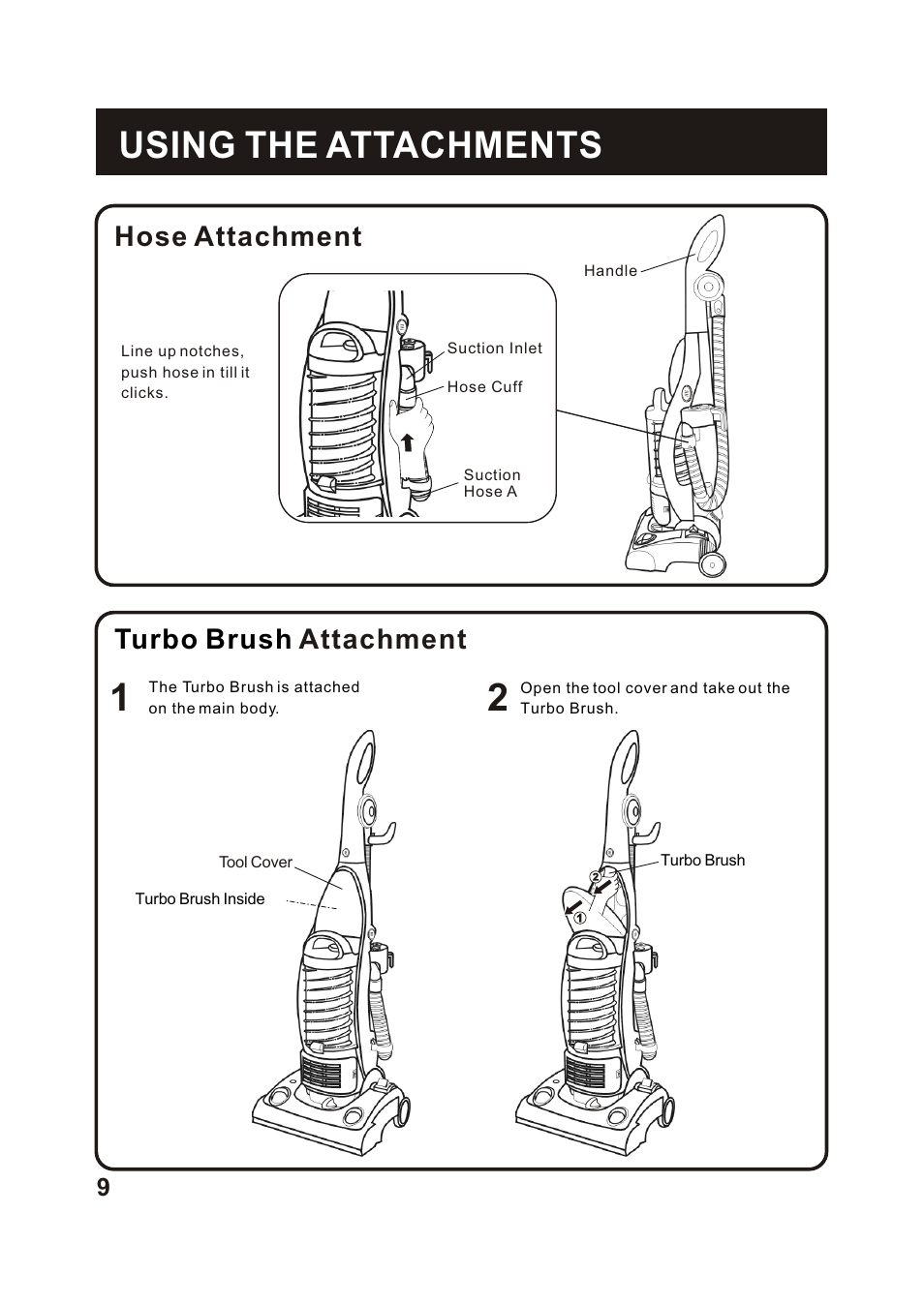 Т³гж 10, Using the attachments, Hose attachment | Turbo brush attachment | Fantom Vacuum FC285H User Manual | Page 10 / 19