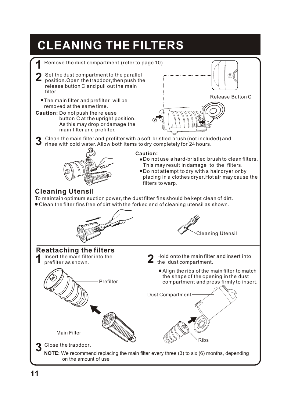 Т³гж 12, 1cleaning the filters 2 | Fantom Vacuum FC285H User Manual | Page 12 / 19