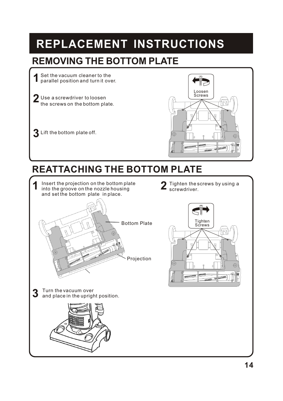Т³гж 15, 1replacement instructions, Removing the bottom plate | Reattaching the bottom plate | Fantom Vacuum FC285H User Manual | Page 15 / 19