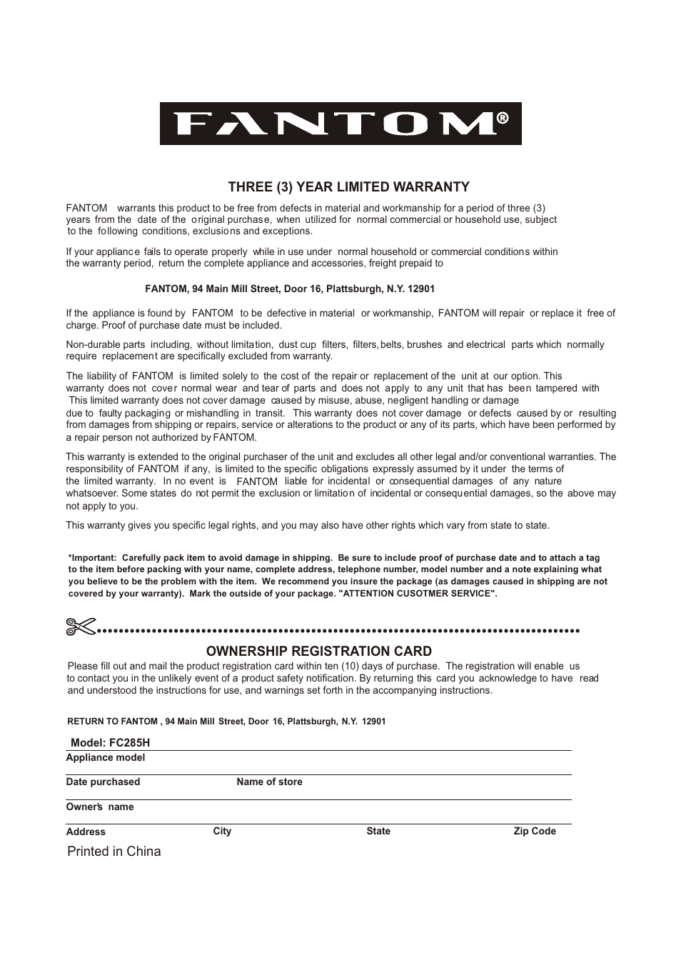 Т³гж 19, Ownership registration card, Three (3) year limited warranty | Printed in china | Fantom Vacuum FC285H User Manual | Page 19 / 19
