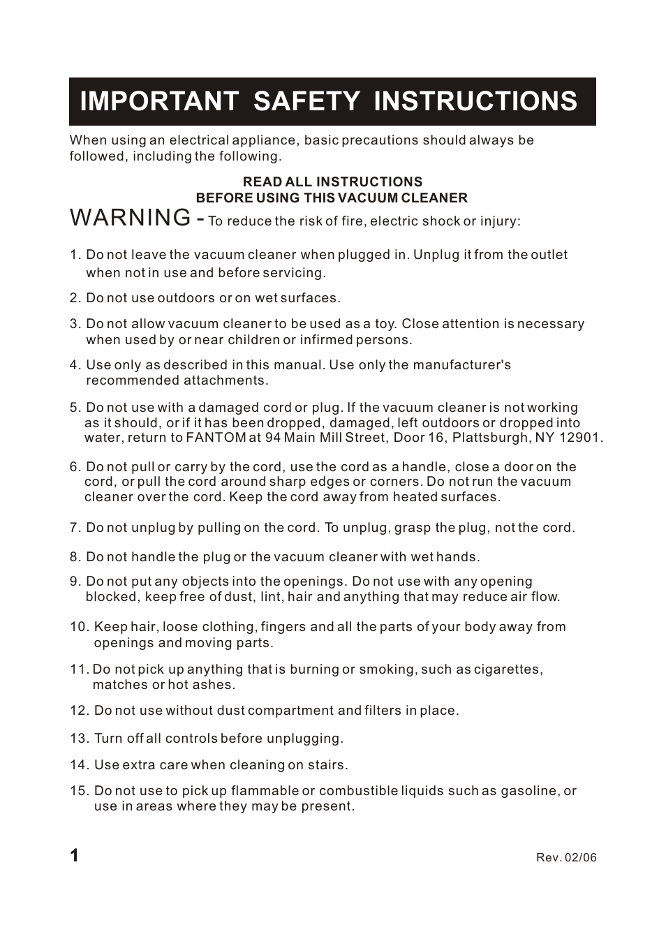 Т³гж 2, Important safety instructions, Warning | Fantom Vacuum FC285H User Manual | Page 2 / 19