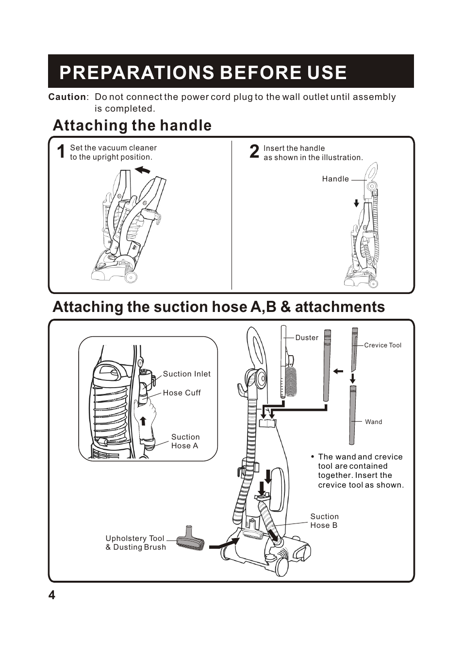 Т³гж 5, Preparations before use, Attaching the handle | Attaching the suction hose a,b & attachments | Fantom Vacuum FC285H User Manual | Page 5 / 19