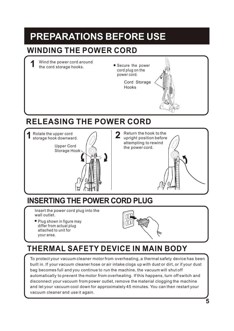 Т³гж 6, Preparations before use, Thermal safety device in main body | Winding the power cord, Releasing the power cord, Inserting the power cord plug | Fantom Vacuum FC285H User Manual | Page 6 / 19