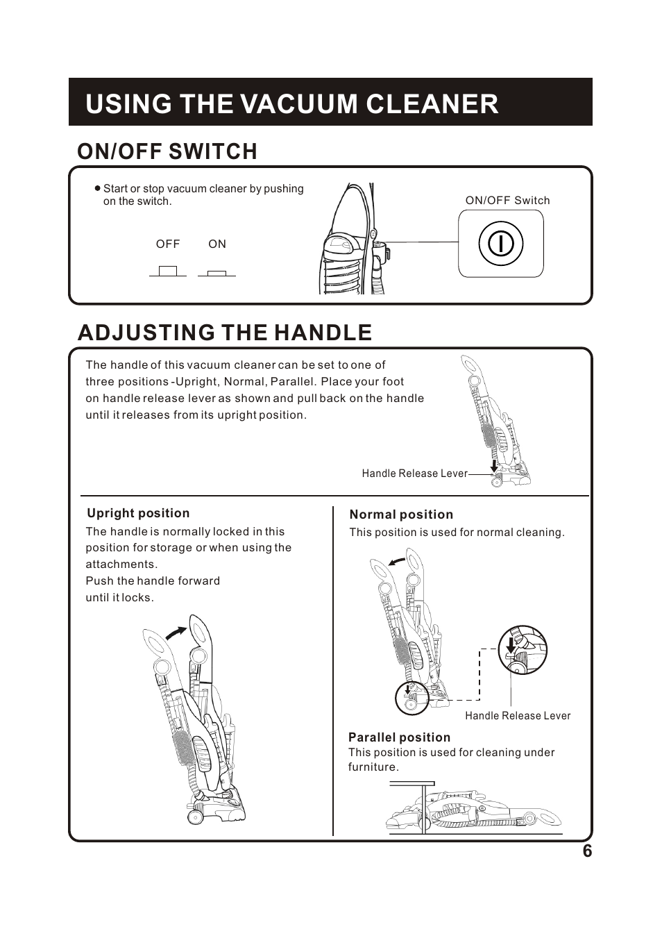 Т³гж 7, Using the vacuum cleaner, Adjusting the handle | On/off switch | Fantom Vacuum FC285H User Manual | Page 7 / 19