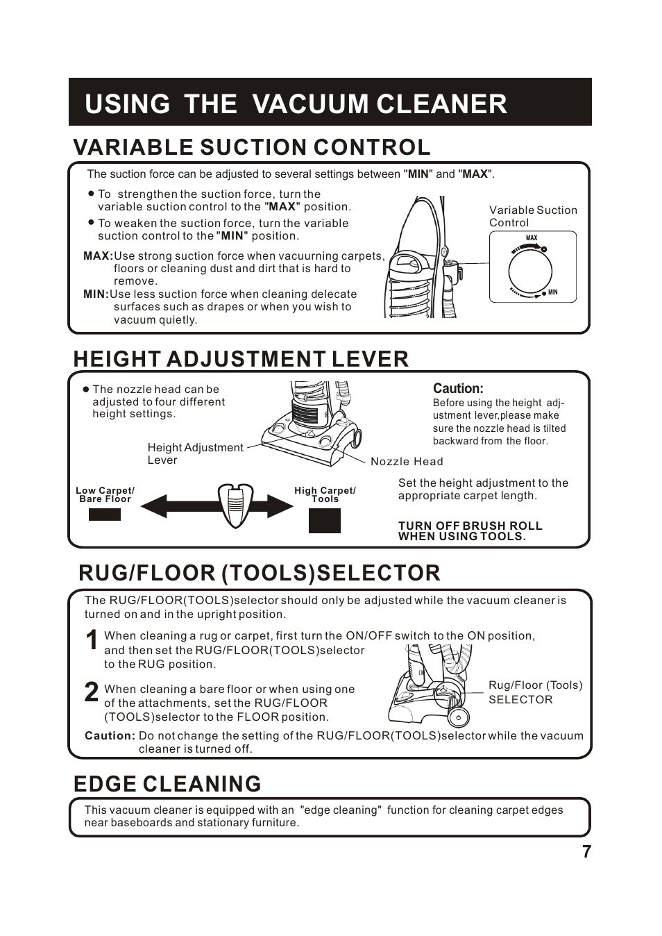 Т³гж 8, Using the vacuum cleaner, Edge cleaning | Height adjustment lever, Variable suction control, Rug/floor (tools)selector | Fantom Vacuum FC285H User Manual | Page 8 / 19