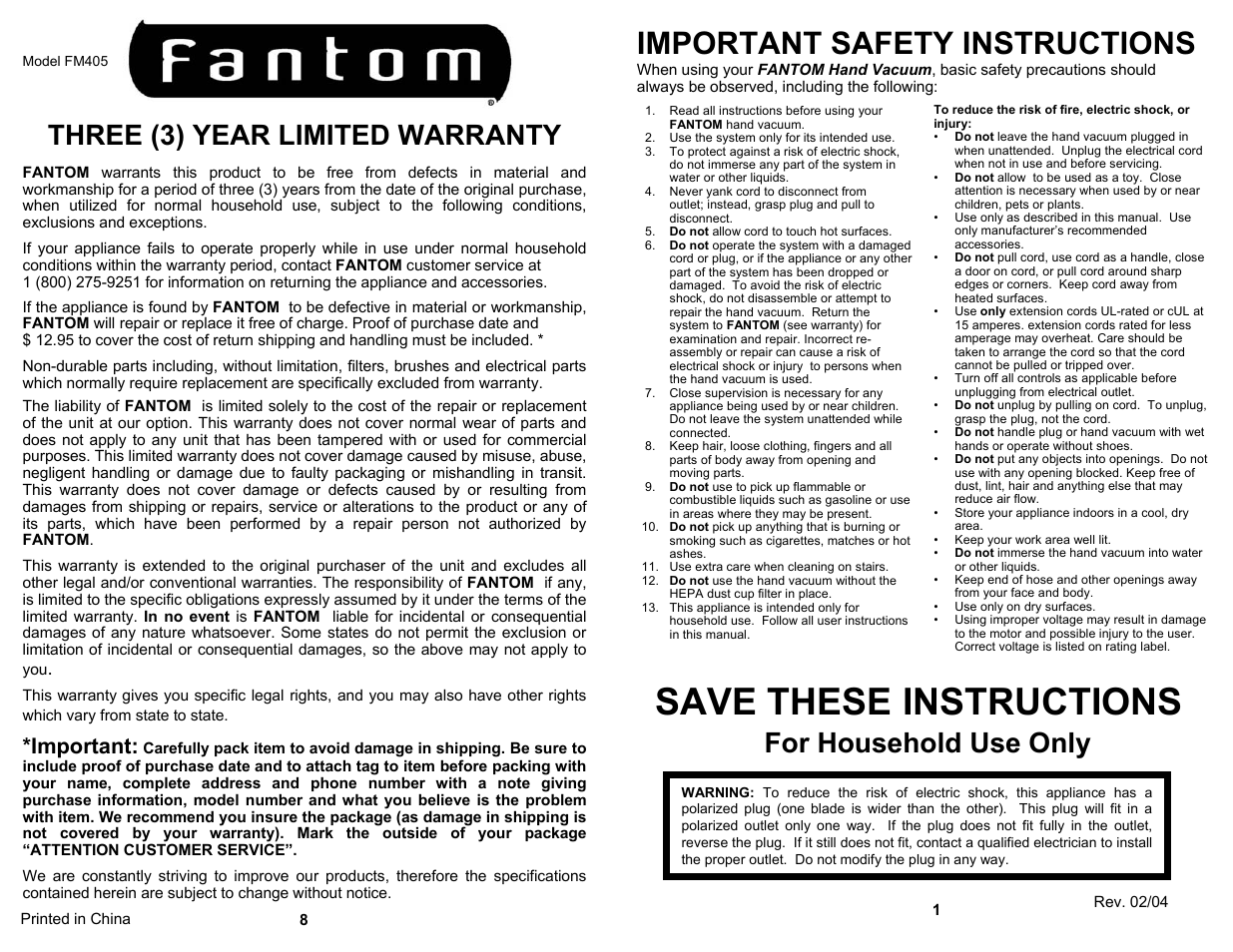 Save these instructions, Important safety instructions, Three (3) year limited warranty | For household use only, Important | Fantom Vacuum FM405 User Manual | Page 3 / 6
