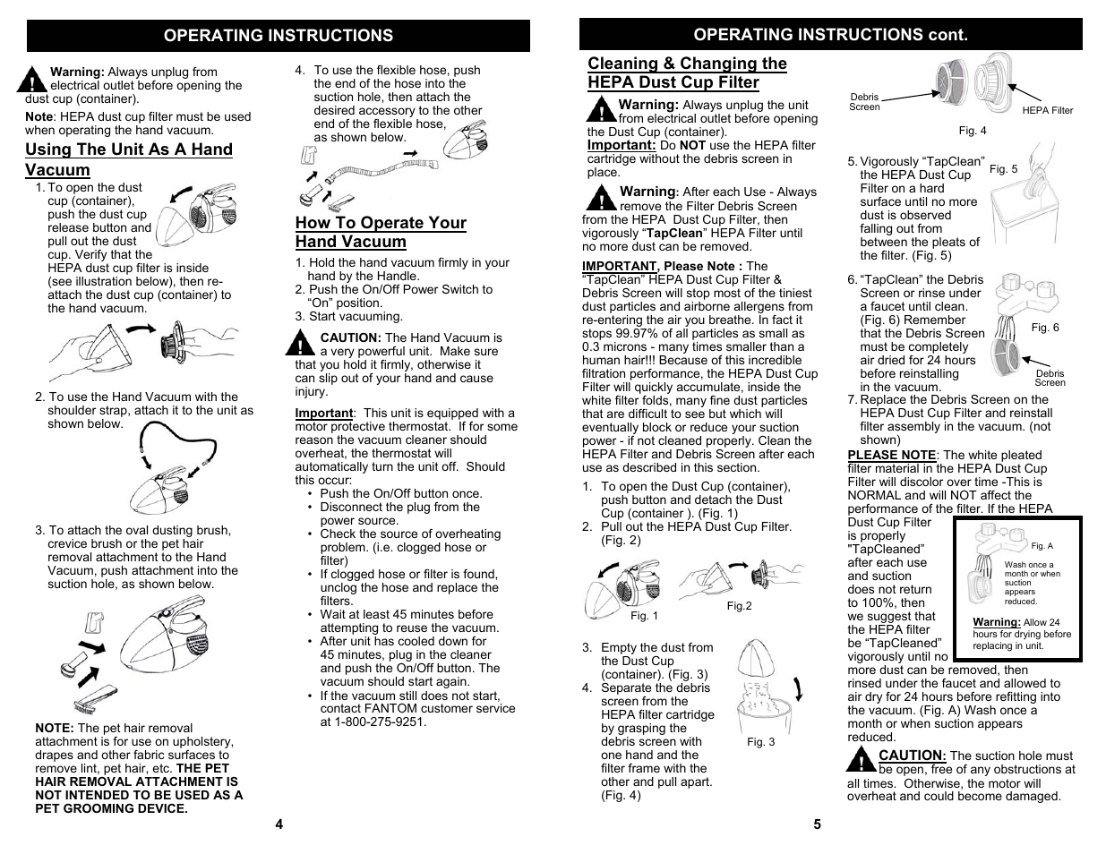 Cleaning & changing the hepa dust cup filter, Using the unit as a hand vacuum, How to operate your hand vacuum | Fantom Vacuum FM405 User Manual | Page 6 / 6