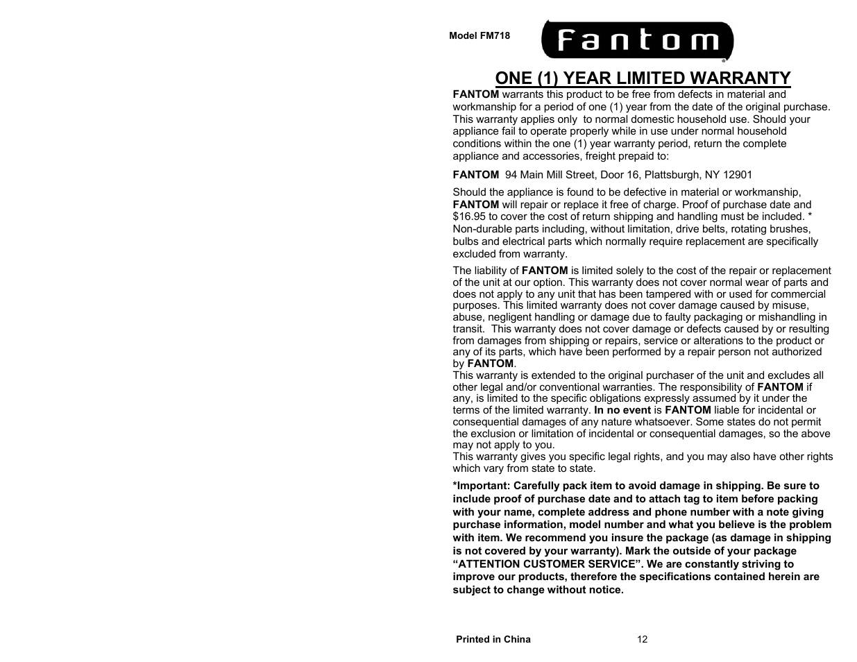 One (1) year limited warranty | Fantom Vacuum FM718 User Manual | Page 2 / 8
