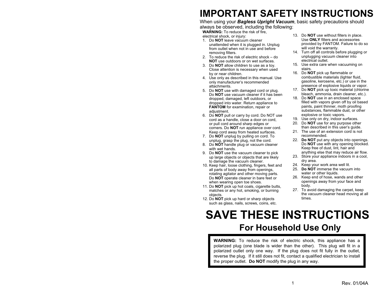 Save these instructions, Important safety instructions, For household use only | Fantom Vacuum FM718 User Manual | Page 3 / 8