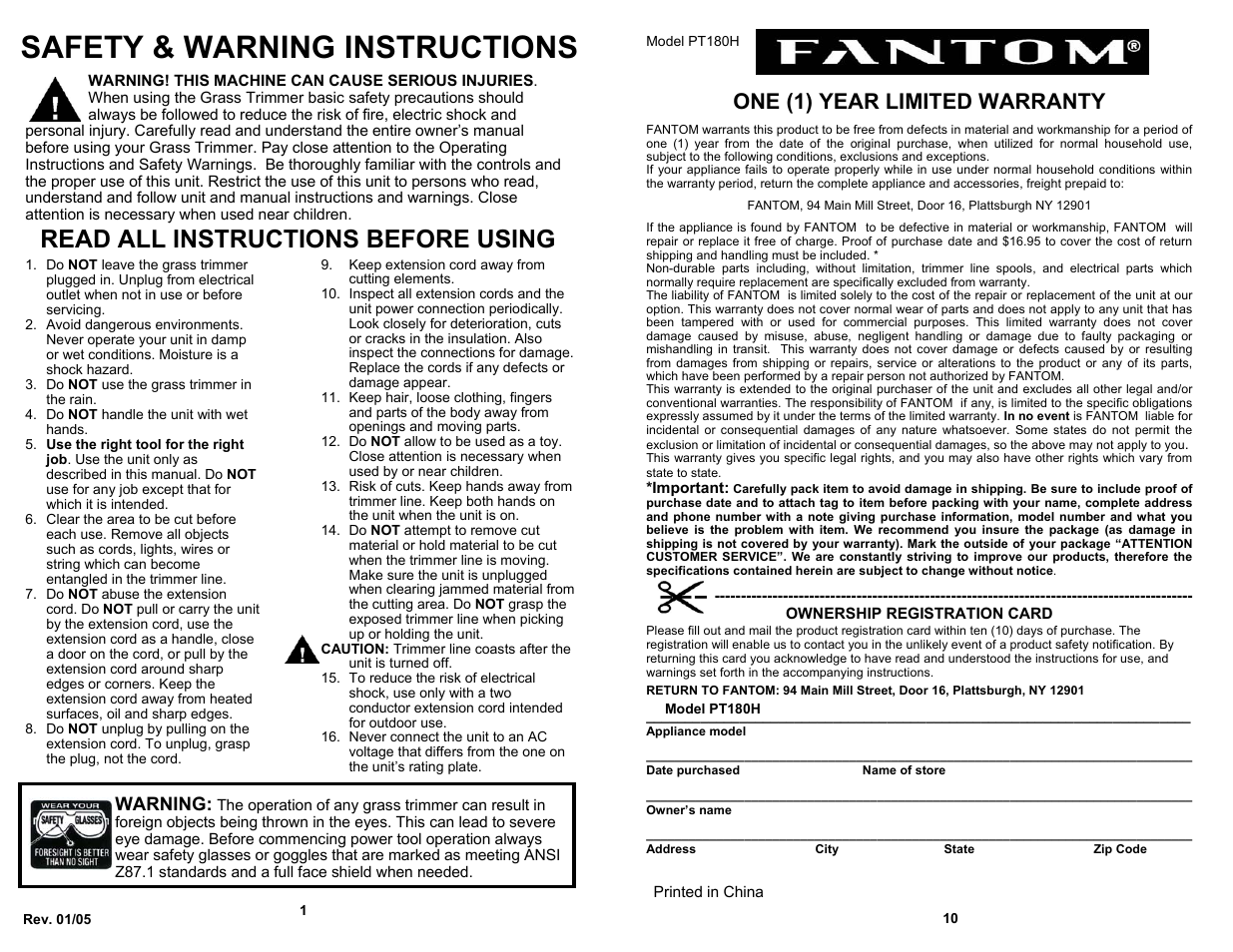 Safety & warning instructions, Read all instructions before using, One (1) year limited warranty | Warning | Fantom Vacuum PT180H User Manual | Page 2 / 6