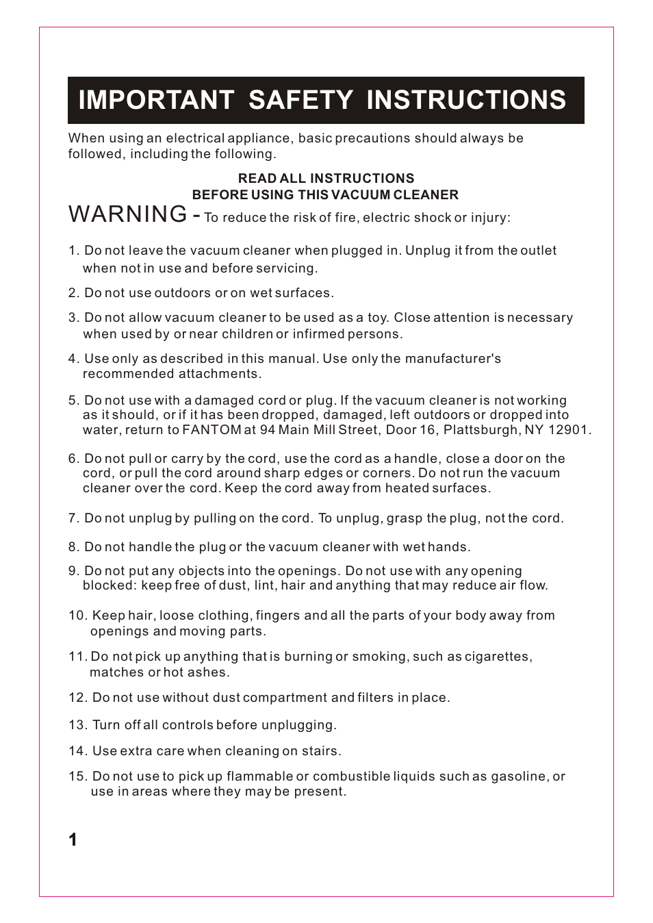Т³гж 2, Important safety instructions, Warning | Fantom Vacuum FM766 User Manual | Page 2 / 5