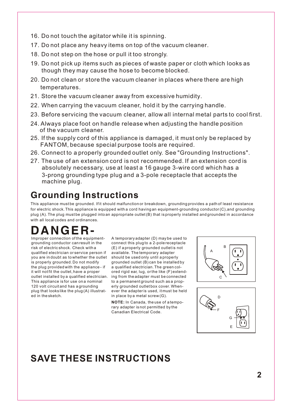 Т³гж 3, Save these instructions, Grounding instructions | Fantom Vacuum FM766 User Manual | Page 3 / 5