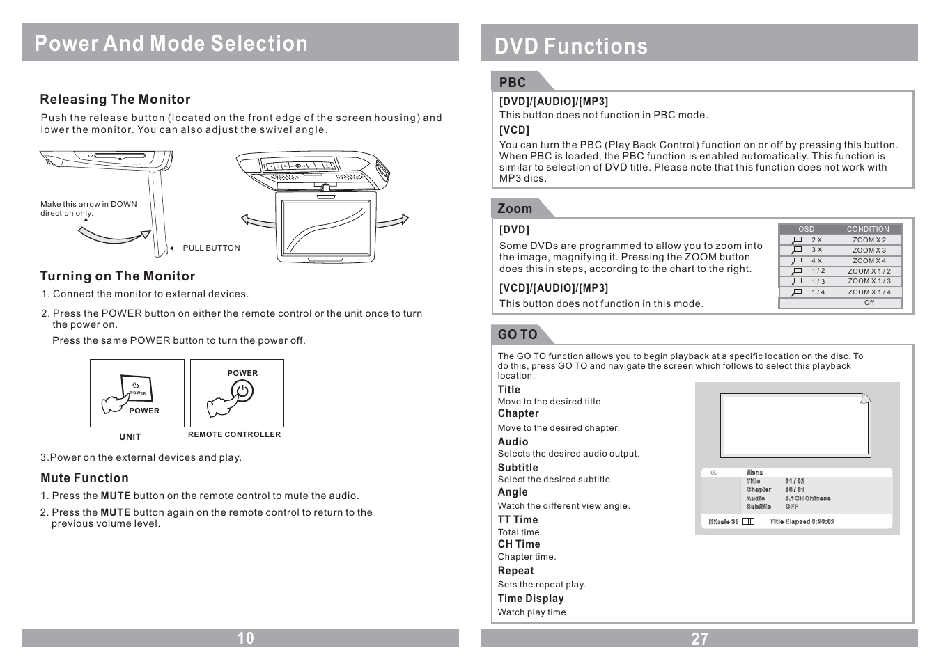 Power and mode selection, Dvd functions, Mplay av menu power | Mute function, Releasing the monitor, Turning on the monitor, Zoom, Go to | Farenheit Technologies MD-1120CM User Manual | Page 10 / 18