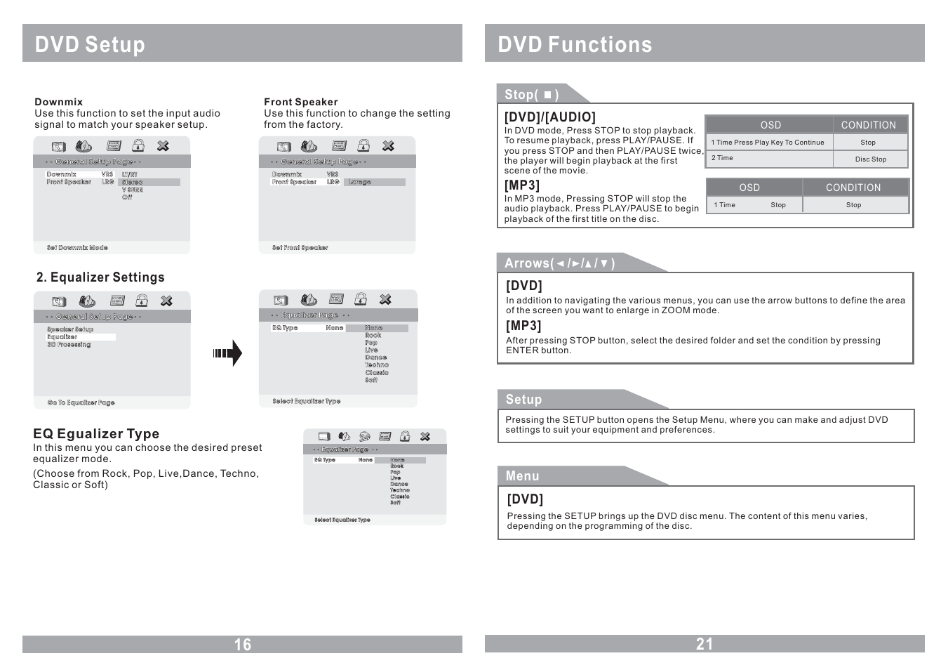 Dvd setup, Dvd functions, Equalizer settings | Stop( ), Dvd]/[audio, Mp3] menu, Arrows( / / / ), Setup, Eq egualizer type | Farenheit Technologies MD-1120CM User Manual | Page 16 / 18