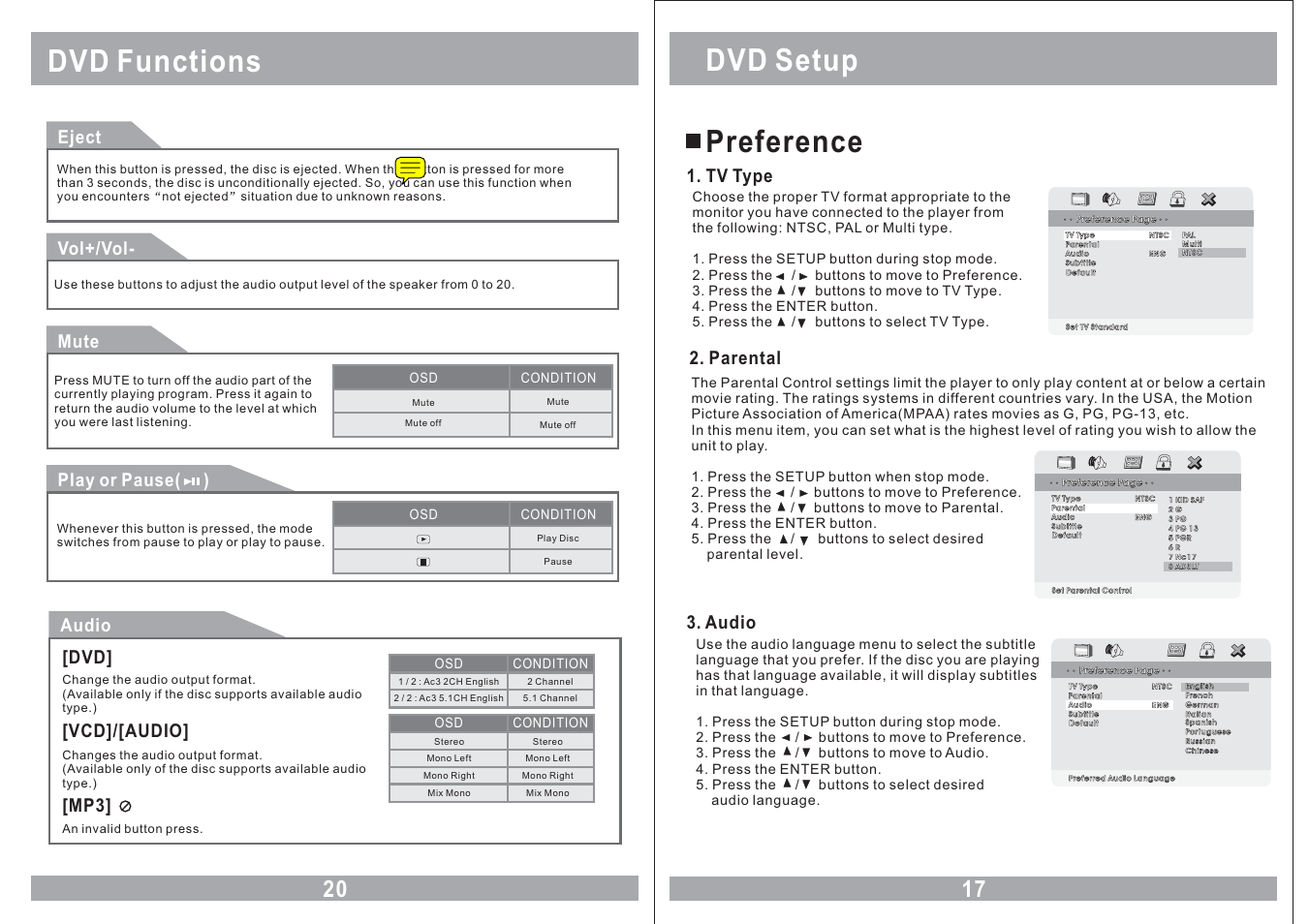 Dvd functions, Dvd setup preference, Eject audio | Vcd]/[audio, Vol+/vol, Mute, Play or pause( ), Tv type, Audio, Parental | Farenheit Technologies MD-1120CM User Manual | Page 17 / 18