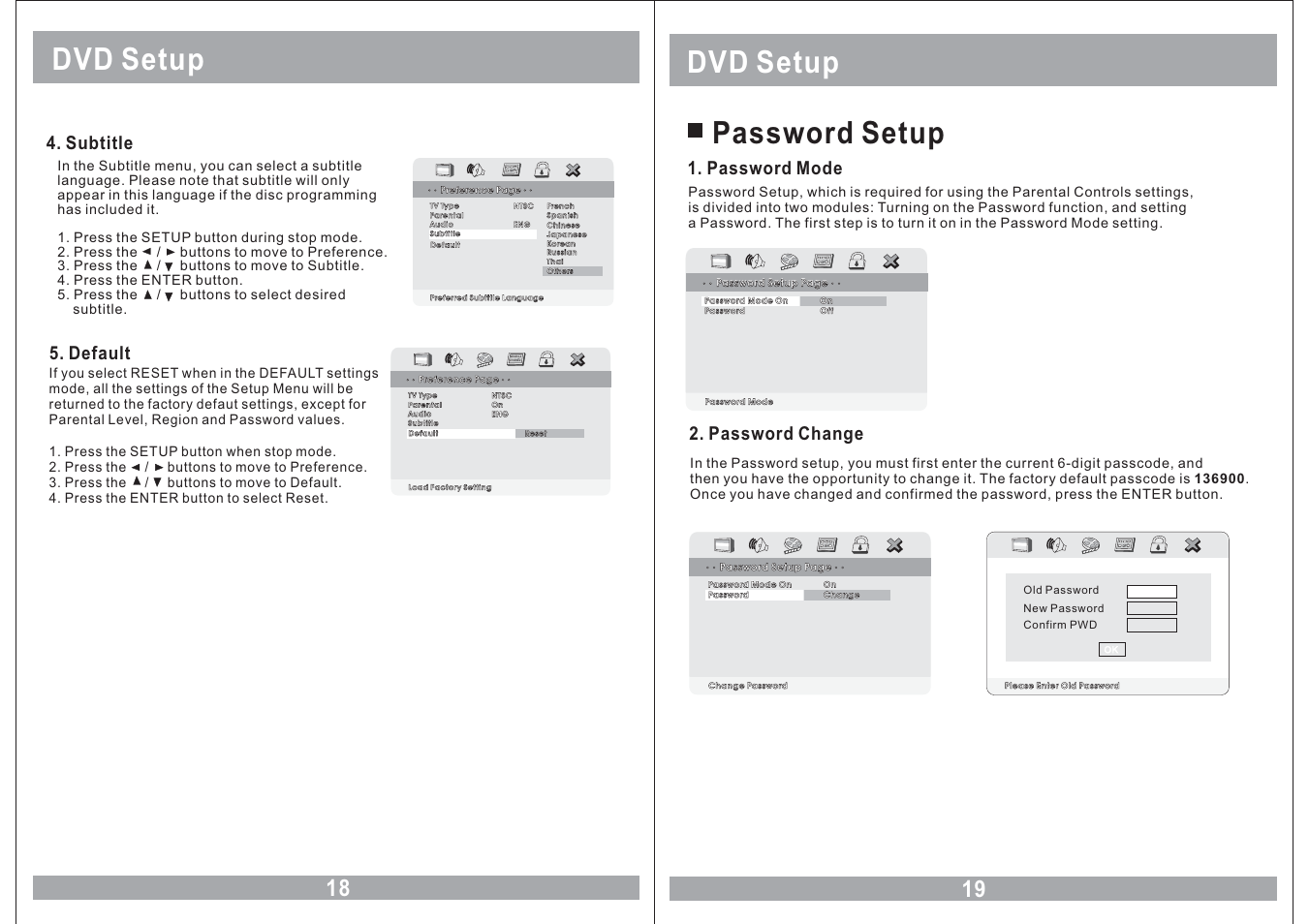 Dvd setup password setup, Dvd setup, Password mode | Password change, Default, Subtitle | Farenheit Technologies MD-1120CM User Manual | Page 18 / 18