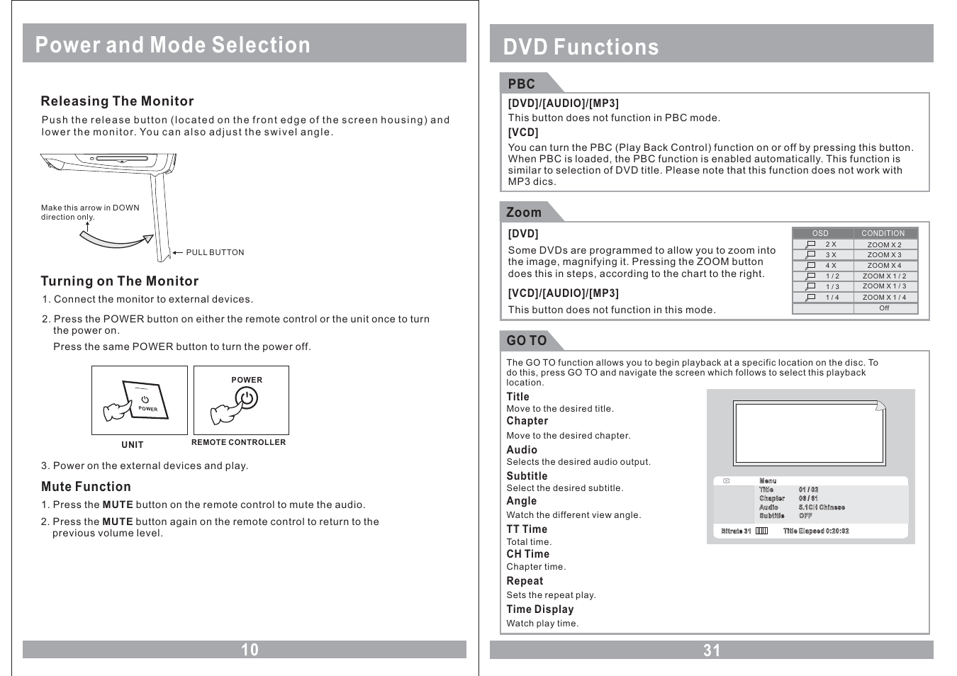 Power and mode selection, Dvd functions, Zoom | Go to, Mute function, Releasing the monitor, Turning on the monitor | Farenheit Technologies MD-1210CMX User Manual | Page 10 / 20