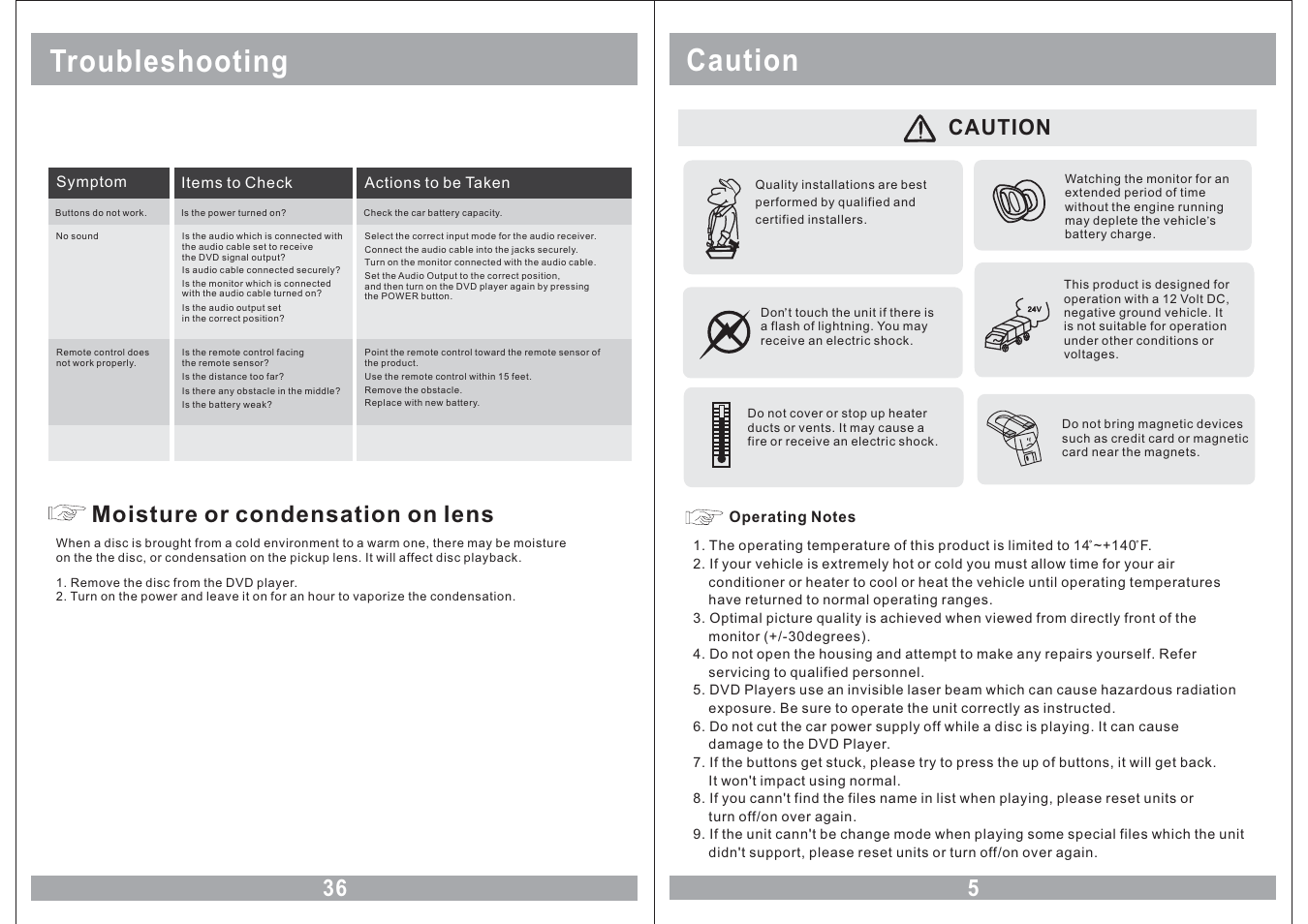 Troubleshooting, 36 moisture or condensation on lens, Caution | Farenheit Technologies MD-1210CMX User Manual | Page 5 / 20