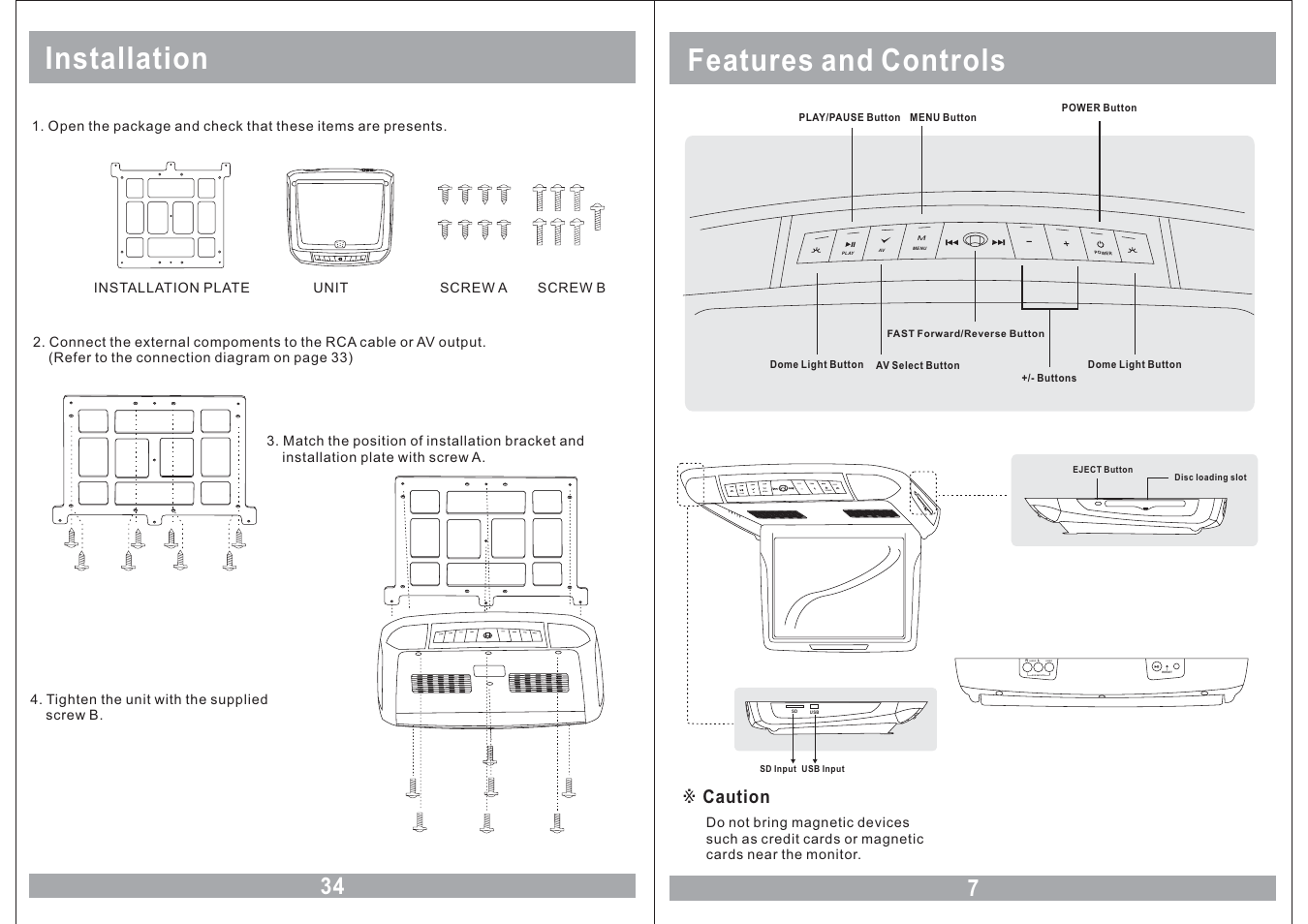 Features and controls, Installation, Mplay av menu power | Audio video av2 inputs, Caution | Farenheit Technologies MD-1210CMX User Manual | Page 7 / 20