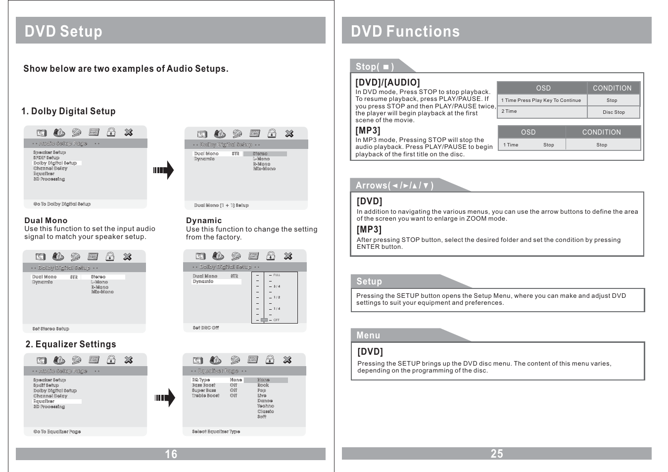 Dvd setup, Dvd functions, Dolby digital setup | Show below are two examples of audio setups, Equalizer settings, Stop( ), Dvd]/[audio, Mp3] menu, Arrows( / / / ), Setup | Farenheit Technologies COMBO MONITOR MD-1120CMX User Manual | Page 16 / 22