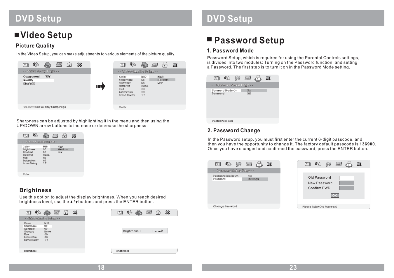 Dvd setup video setup, Dvd setup password setup, Picture quality | Password mode, Password change, Brightness | Farenheit Technologies COMBO MONITOR MD-1120CMX User Manual | Page 18 / 22