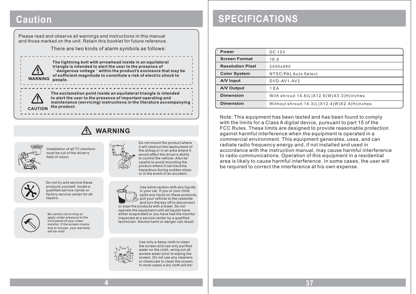 Caution, Specifications, Warning | Power av menu | Farenheit Technologies COMBO MONITOR MD-1120CMX User Manual | Page 4 / 22