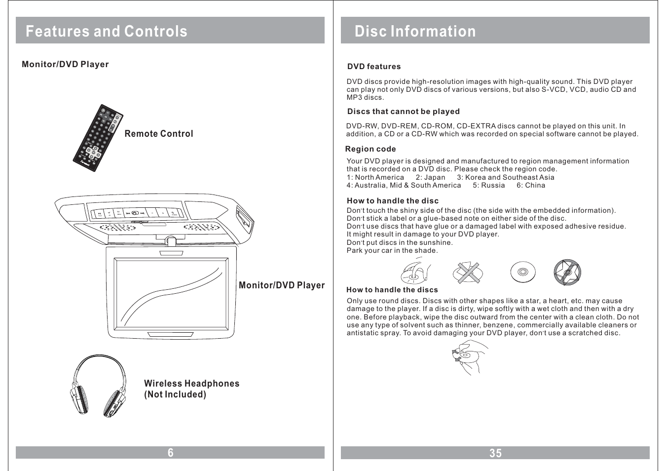 Features and controls, Disc information | Farenheit Technologies COMBO MONITOR MD-1120CMX User Manual | Page 6 / 22