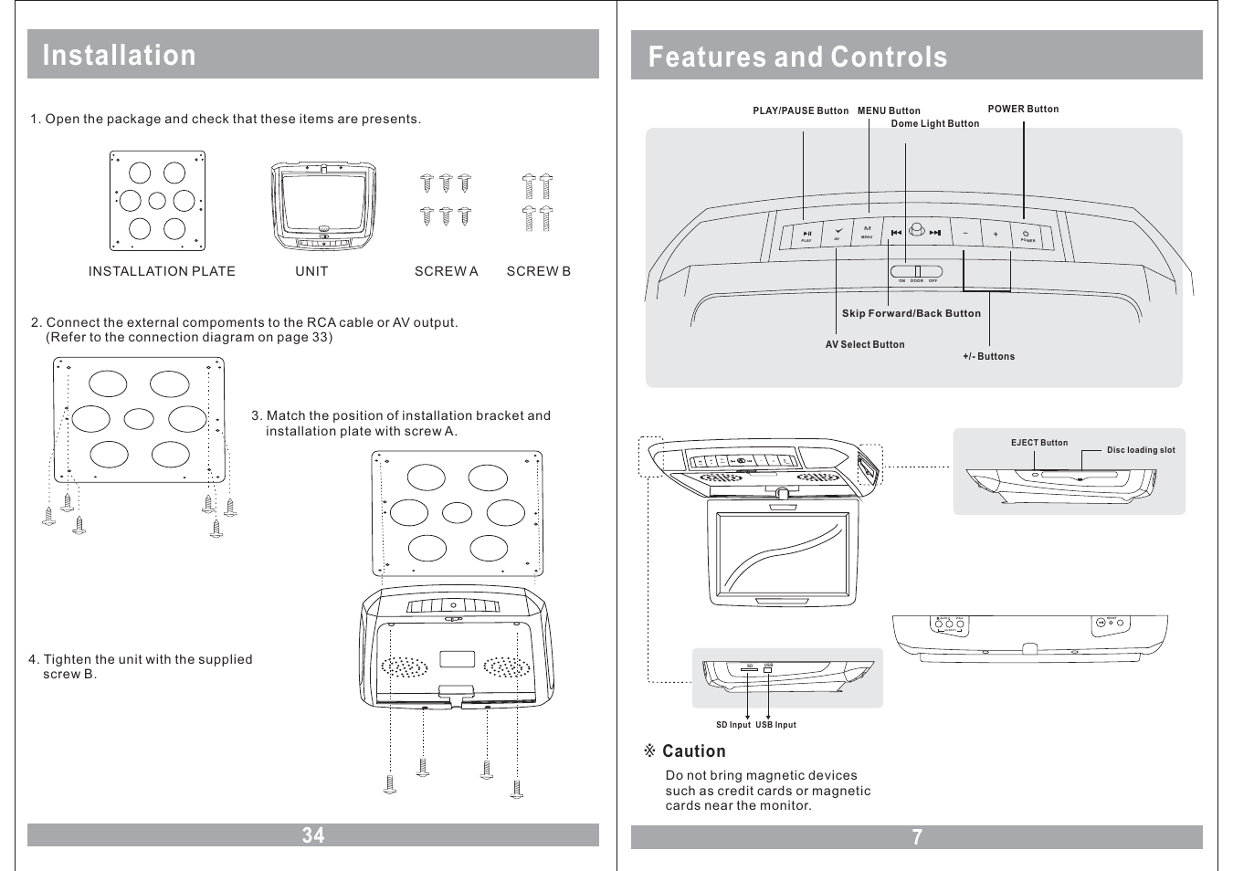 Features and controls, Installation, Mplay av menu power | Av2 inputs, Caution | Farenheit Technologies COMBO MONITOR MD-1120CMX User Manual | Page 7 / 22