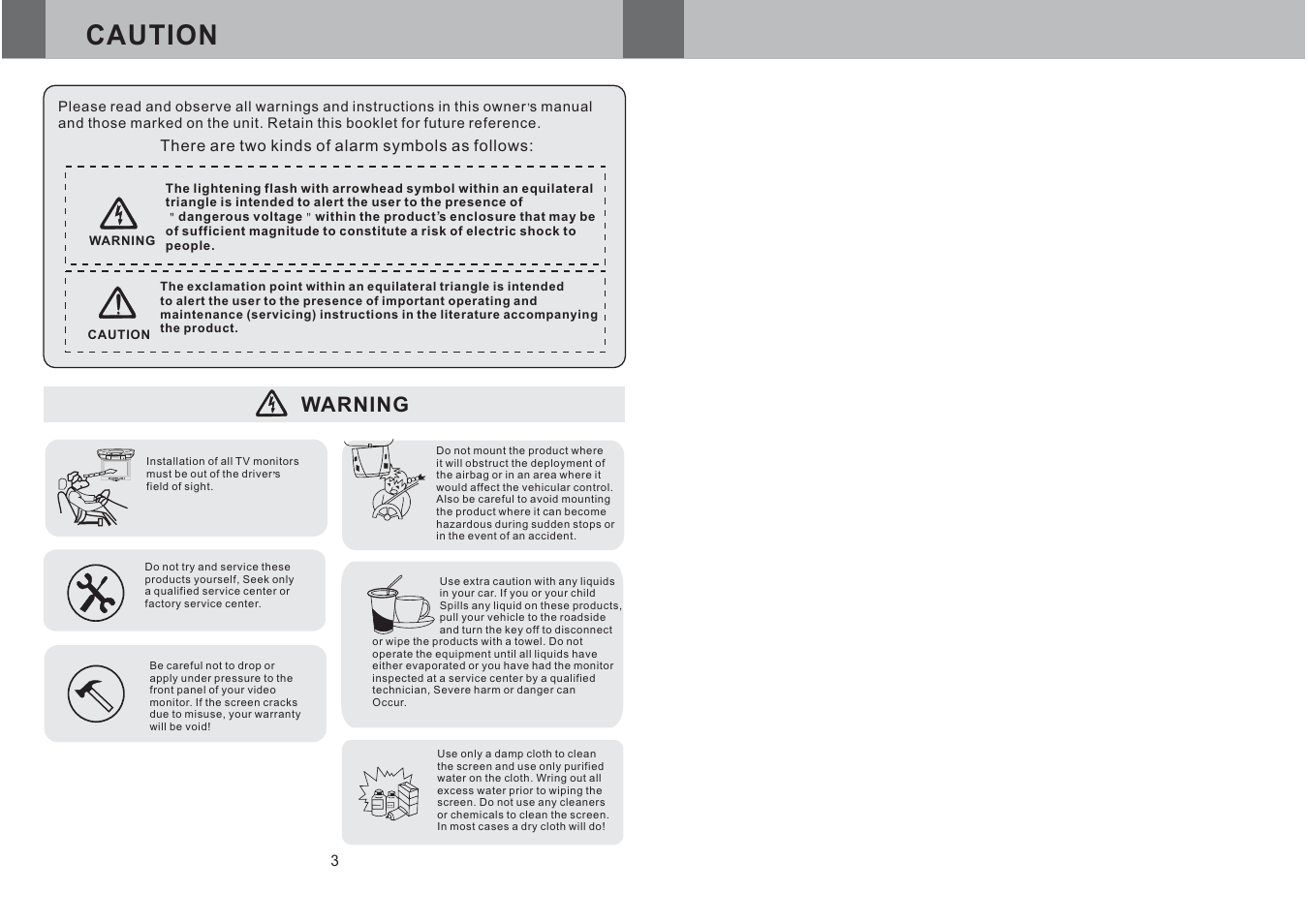 Caution, Warning, Power av menu | Farenheit Technologies T-1200CM User Manual | Page 4 / 8