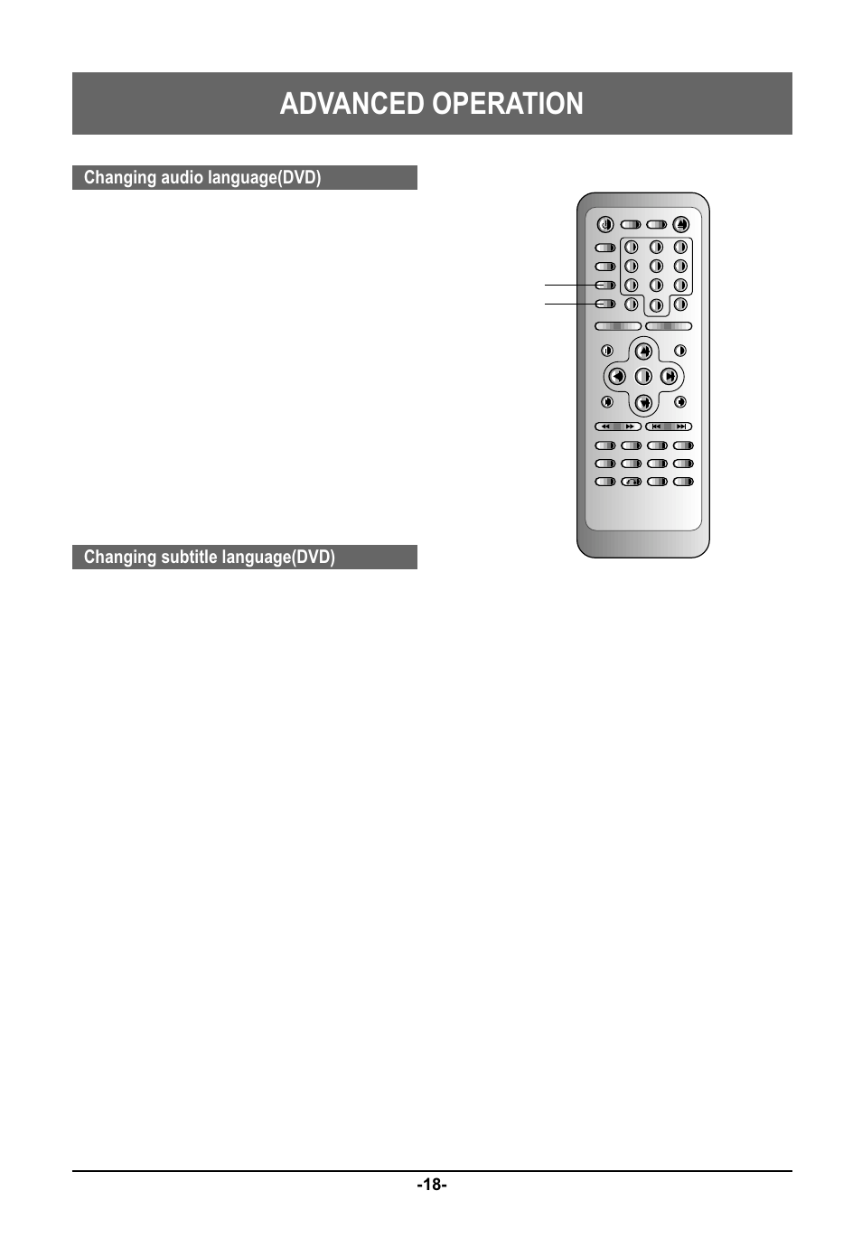 Advanced operation, Changing audio language(dvd), Changing subtitle language(dvd) | Audio subtitle | Farenheit Technologies DVD-19 User Manual | Page 18 / 30