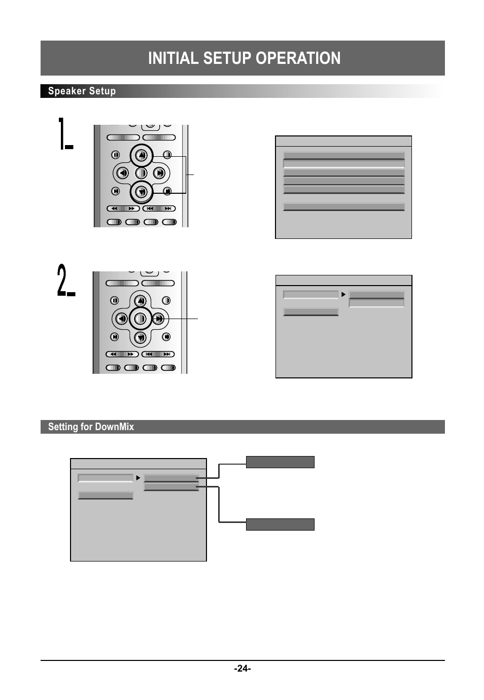 Initial setup operation, Speaker setup, Arrow buttons | Enter button, Setting for downmix | Farenheit Technologies DVD-19 User Manual | Page 24 / 30