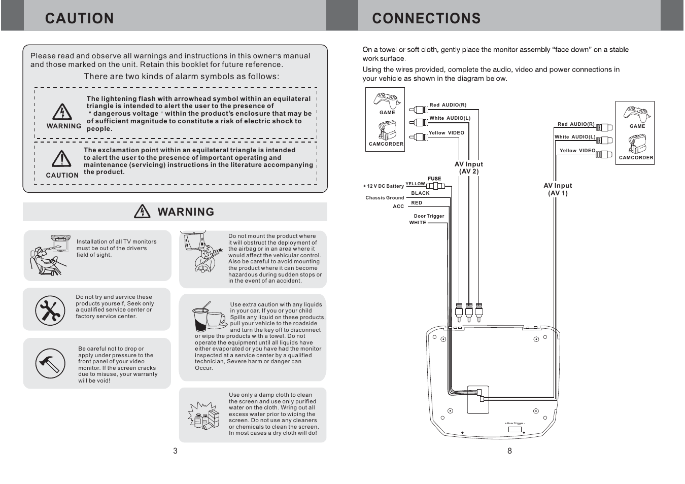 Connections caution, Warning, Power av menu | Farenheit Technologies T-910CM User Manual | Page 4 / 6