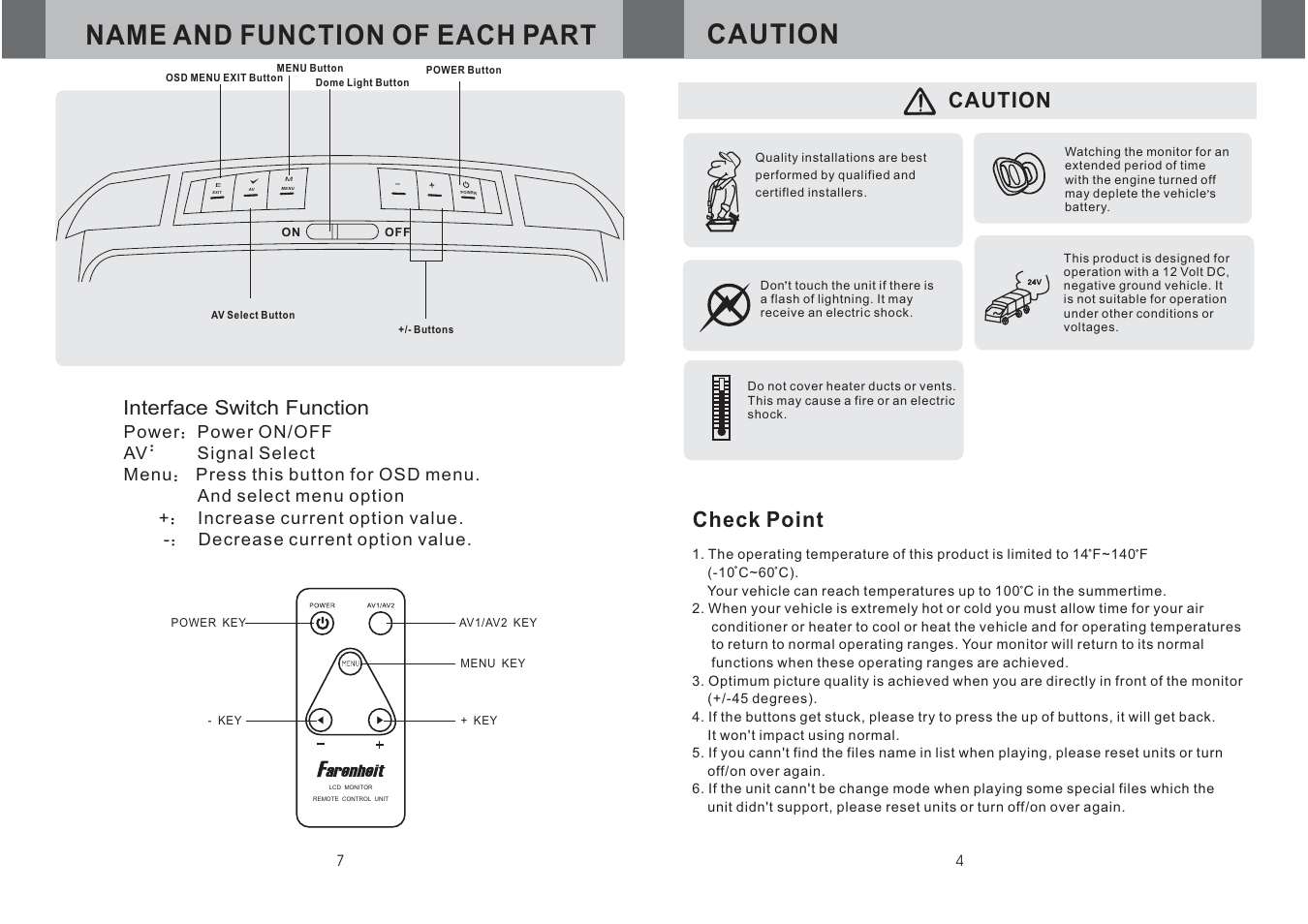 Name and function of each part, Caution, Caution check point | Interface switch function | Farenheit Technologies T-910CM User Manual | Page 5 / 6