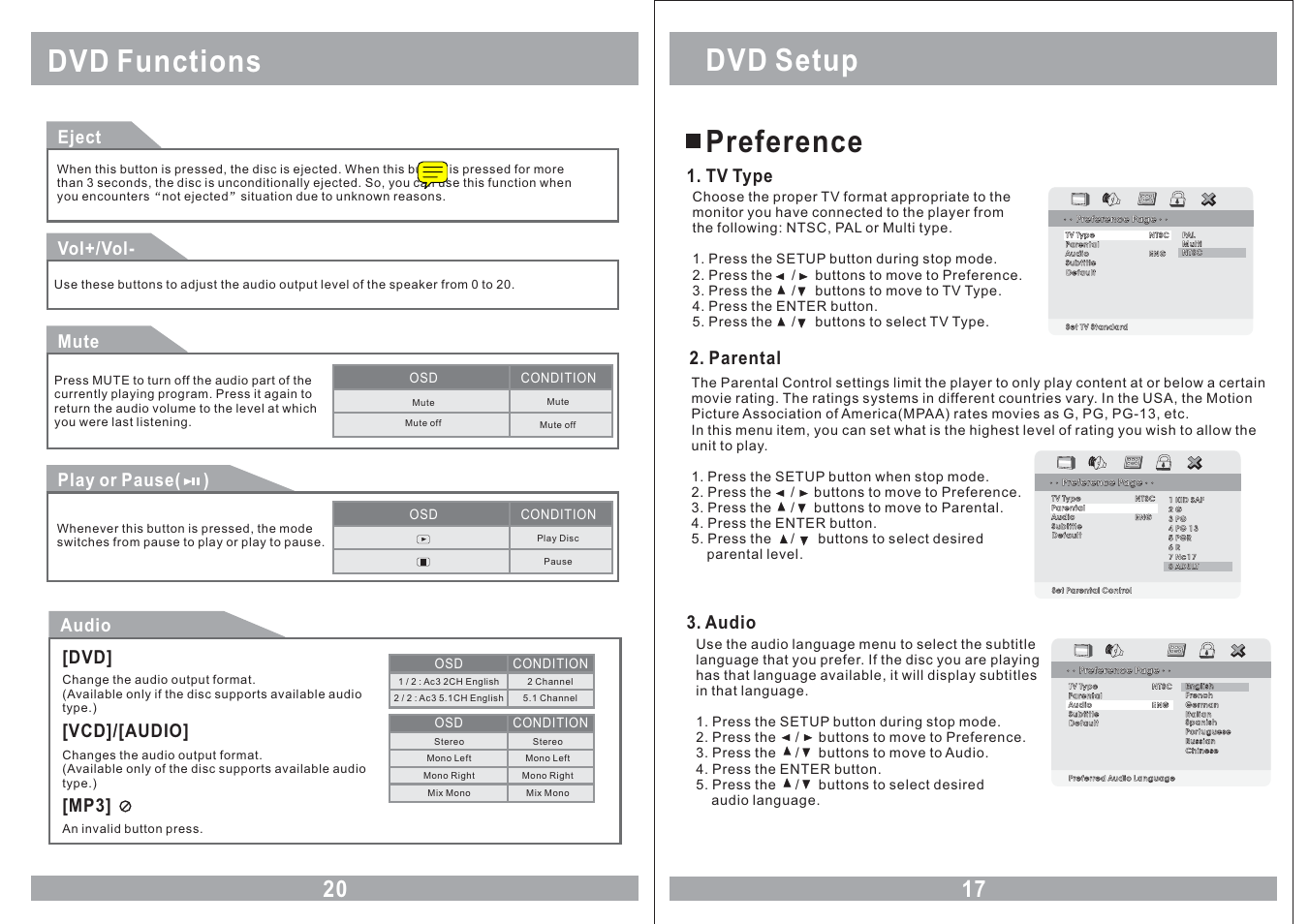 Dvd functions, Dvd setup preference, Eject audio | Vcd]/[audio, Vol+/vol, Mute, Play or pause( ), Tv type, Audio, Parental | Farenheit Technologies MD-1210CM User Manual | Page 17 / 18