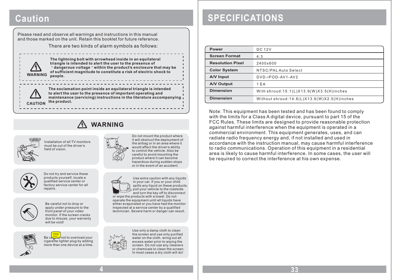 Caution, Specifications, Warning | Power av menu | Farenheit Technologies MD-1210CM User Manual | Page 4 / 18