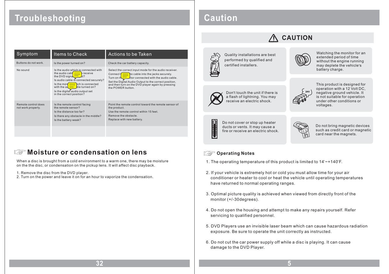 Caution troubleshooting, 32 moisture or condensation on lens, Caution | Farenheit Technologies MD-1210CM User Manual | Page 5 / 18