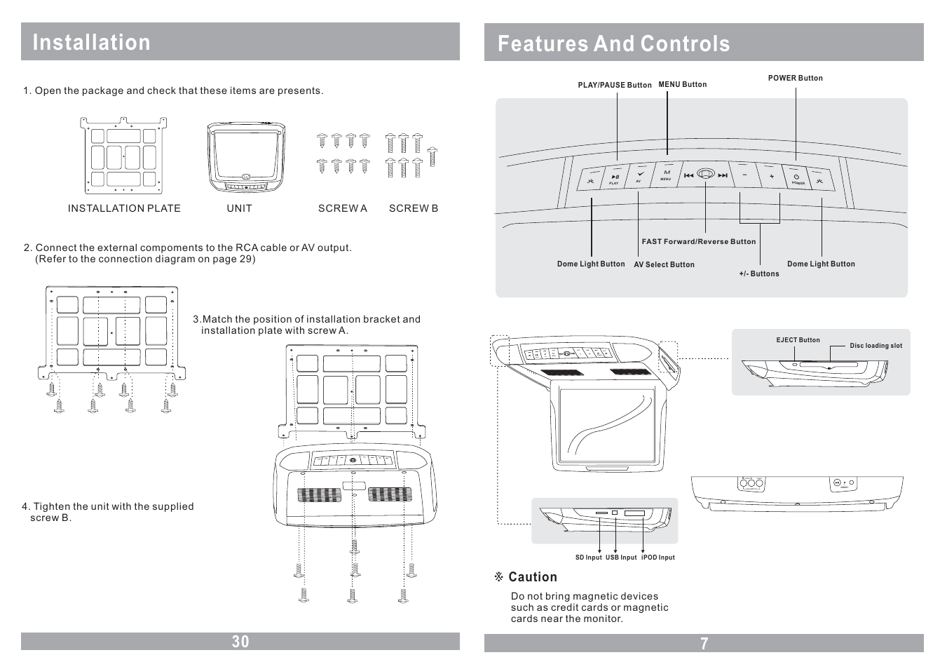 Features and controls, Installation, Mplay av menu power | Audio video av2 inputs | Farenheit Technologies MD-1210CM User Manual | Page 7 / 18